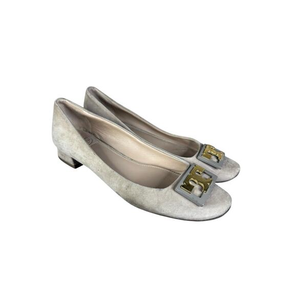 Tory Burch Gigi Suede Logo Block Heel Pumps Beige 6.5 Classic Minimalistic - Picture 2 of 10